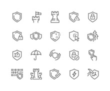 Simple Set Of Defense Related Vector Line Icons. Contains Such Icons As Computer Security, Umbrella, Shield And More. Editable Stroke. 48x48 Pixel Perfect.