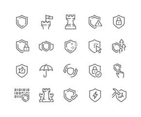 simple set of defense related vector line icons. contains such icons as computer security, umbrella,