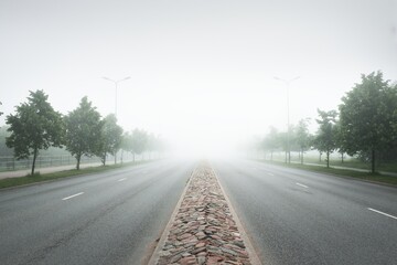 Wall Mural - Divided new asphalt road (highway) in a fog. Cobblestone pedestrian walkway and alley of young green trees. Street lanterns, traffic lights. Cityscape. Landscaping, dangerous driving, safety concepts