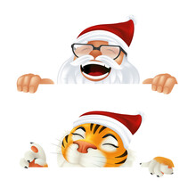 Funny Cartoon Santa Claus And Tiger - Symbol Of The Year By Chinese Calendar. Laughing And Smiling Christmas Characters Peeking From Behind The Horizontal Corner Or A Sign Isolated On White Background