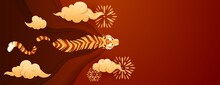 2022 Chinese New Year Of Tiger. Golden Tiger Swim In Paper Cut Waves. Template With Oriental Royal Tiger. Web Banner With Copy Space For Tet Or Seollal. Symbol Of Coming Year 2022. Vector Illustration