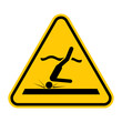 Shallow water sign. Vector illustration of yellow triangle warning sign with diver hitting bottom. Spinal cord injuries concept. Caution diving accident. Danger area with low water level. 