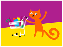 Cat's Life. Red Cat With A Shopping Cart In The Supermarket. Vector Image For Prints, Poster And Illustrations.