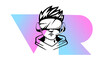 © wowomnom - Vector Logo Man Head with Virtual Reality Helmet on White Background with Red and Blue Letter VR. Line Art Flat Style Design of VR Avatar