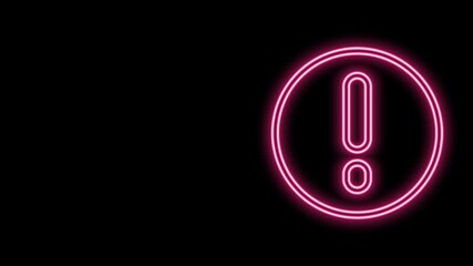 Poster - Glowing neon line Speech bubble and Exclamation icon isolated on black background. FAQ sign. Copy files, chat speech bubble and chart. 4K Video motion graphic animation