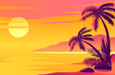 Wall Mural - Colorful sunset on the tropical island vector illustration