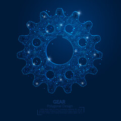 Abstract isolated blue image of a gear. Polygonal illustration looks like stars in the blask night sky in spase or flying glass shards. Digital design for website, web, internet