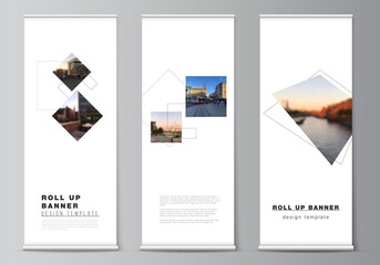Wall Mural - Vector layout of roll up mockup design templates with geometric simple shapes, lines and photo place for vertical flyers, flags design templates, banner stands, advertising design mockups.