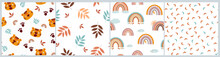A Set Of Seamless Children's Pattern With Funny Tiger Faces, Different Emotions, Paw Prints, Leaves, Rainbows, Arches, Clouds. Print For Baby Clothes, Textiles, Fabrics. Vector Graphics.