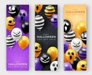 Wall Mural - Three Halloween vertical banners with ghost balloons. Creepy scary faces on balloons. Decoration element for halloween celebration