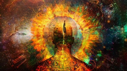 burning aura. man with flamed halo