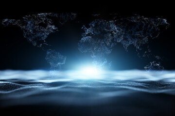 Wall Mural - Abstract Earth world map network with waves and sunlight illustration. View from space.	