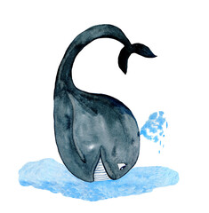 Watercolor cartoon cute and smiling whale jumping in water. Whale shaping number six.