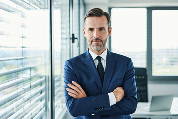 Wall Mural - Portrait of businessman standing with arms crossed in modern office