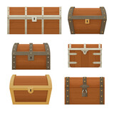Fototapeta Sypialnia - Collection of old wooden chests of various shapes and sizes.  Pirate treasure. Cartoon style illustration. Vector.