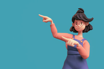 Portrait of smiling positive funny casual brunette girl in glasses wearing blue apron, red t-shirt showing you way, pointing her finger to empty copy space for advertising. Minimal style. 3d render