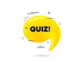 Quiz text. Yellow 3d chat bubble. Answer question sign. Examination test symbol. Quiz minimal talk balloon. 3d dialogue bubble with message. Vector