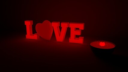 Glowing red inscription love and a statuette in the form of a heart