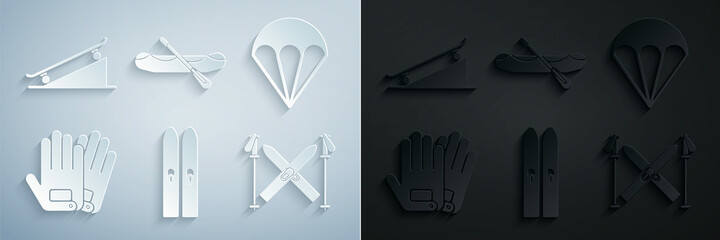 Sticker - Set Ski and sticks, Parachute, Gloves, Rafting boat and Skateboard on street ramp icon. Vector