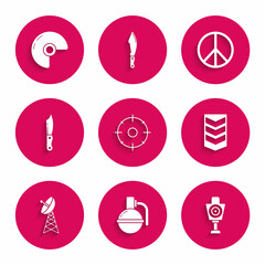 Poster - Set Target sport for shooting competition, Hand grenade, Human target, Military rank, Radar, knife, Peace and helmet icon. Vector