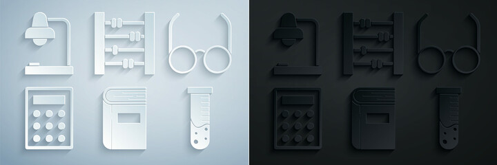 Sticker - Set Book, Glasses, Calculator, Test tube and flask chemical laboratory, Abacus and Table lamp icon. Vector