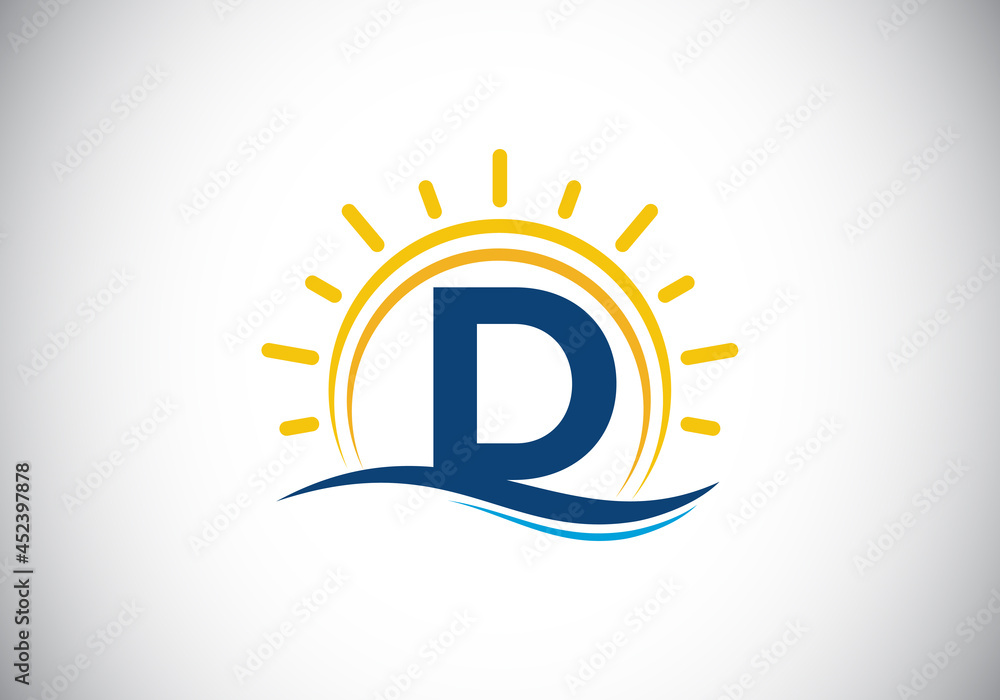 Initial D monogram alphabet with abstract sun and wave. Ocean sun logo ...