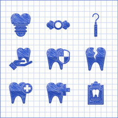 Poster - Set Dental protection, clinic for dental care tooth, Clipboard with card, Broken, Tooth, explorer scaler teeth and implant icon. Vector