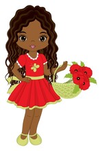 Beautiful Cute African American Girl Holding Basket Of Red Poppies. Vector Black Girl With Poppies