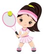Cute Little Girl Wearing Pink and White Sport Outfit Playing Tennis. Vector Little Tennis Player