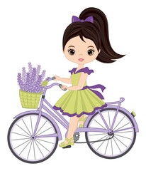 Wall Mural - Beautiful Cute Girl Riding Bicycle with Basket of Lavender. Vector Young Girl with Lavender.