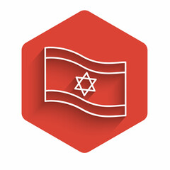 Poster - White line Flag of Israel icon isolated with long shadow. National patriotic symbol. Red hexagon button. Vector