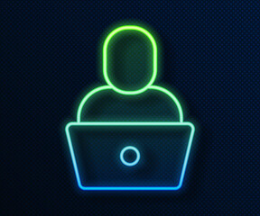 Sticker - Glowing neon line Freelancer icon isolated on blue background. Freelancer man working on laptop at his house. Online working, distant job concept. Vector