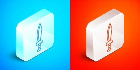 Poster - isometric line pirate sword icon isolated on blue and red background. sabre sign. silver square butt