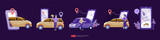 online taxi or rent transportation using smartphone service application with character and route points location on gps map for landing page, banner, web, UI, flyer. Car sharing illustration concept
