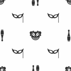 Sticker - Set Bowling pin, Clown head and Festive mask on seamless pattern. Vector