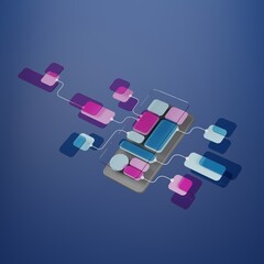 UX UI flowchart connection node graphic designer creative planning application process development data prototype wireframe for web mobile icon phone . User experience concept. 3d rendering.