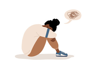 African woman in depression. Sad teenager sitting on floor and crying. Violence in family or mood disorder concept. Vector illustration in flat cartoon style.