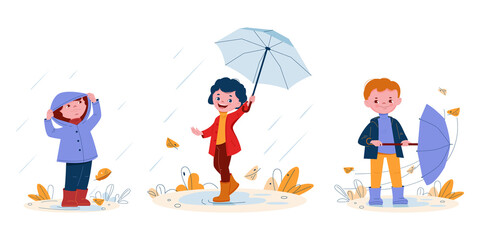 Wall Mural - Cute smiling kids with umbrellas in rubber boots in the rain. Set of vector illustrations in flat cartoon style.