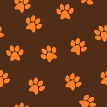 Seamless Pattern Of Orange Cat Footprint With Dark Brown Background. Vector Illustration. Geometric Ornament. Use For Wallpaper, Fabric, Textile, Print Packaging Paper, Book's Cover, Cardboard