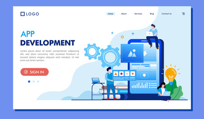 application development, coding, ui and ux design, programmer, software engineer, landing page flat illustration template vector
