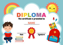 Cute Diploma Template For School Boy. Flat Vector Cartoon Style