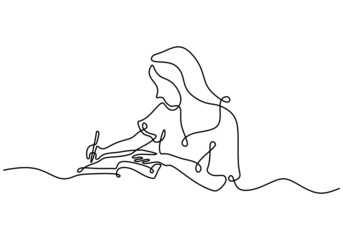 Continuous one line drawing of a young woman taking some notes. A girl is study on her bedroom and writing with pen on paper isolated on white background. E-learning concept. Vector illustration