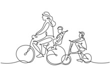 One Continuous Line Drawing Of Mother Riding Bicycle With Her Child At Countryside Together. Character Of A Woman With Her Son Riding A Bicycle. Parenting Concept. Vector Illustration