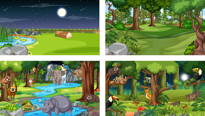 Poster - Different nature scenes of forest and rainforest with wild animals