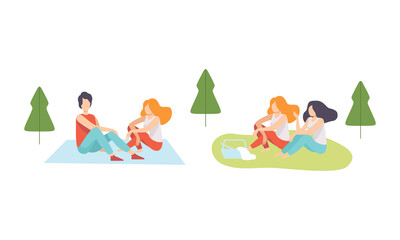 Wall Mural - People Character Enjoying Picnic in Nature Sitting on Blanket and Grass Talking Vector Set