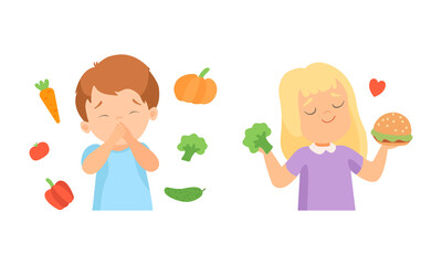 Poster - Little Girl Holding Hamburger and Boy Covering His Mouth with Dislike and Disgust Towards Vegetable Vector Set