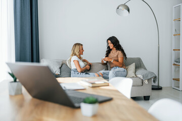 Wall Mural - Having conversation. Two women is together at home