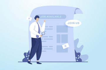 Wall Mural - a man looking for a job vacancy for open recruitment illustration concept
