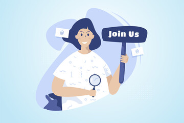 Wall Mural - a woman with join us sign for recruitment illustration concept