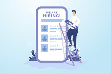 Wall Mural - a man puts up join us board for hiring or recruitment illustration concept